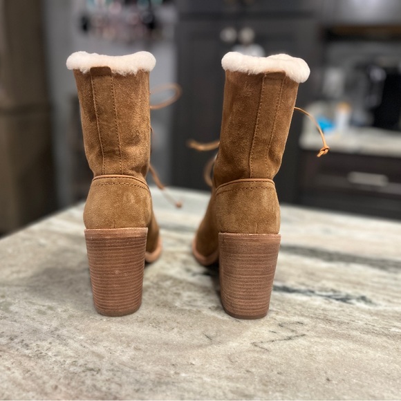 WOMEN'S JERENE SUEDE AND SHEEPSKIN HIGH BLOCK HEEL BOOTIES IN BROWN - Picture 5 of 6